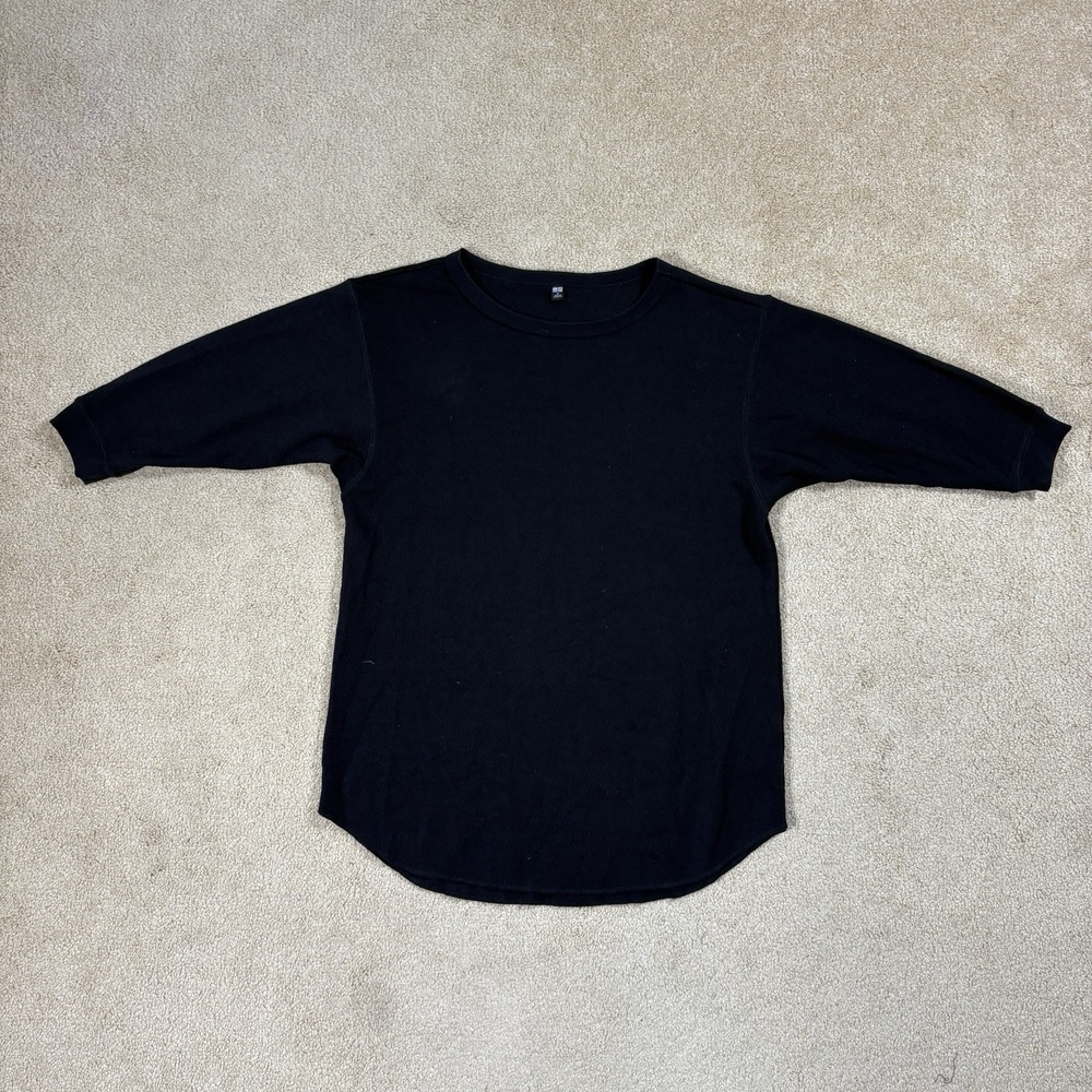 Uniqlo Shirt Men Small Black Crew Neck Long Sleeve Waffle Knit Oversize Thermal